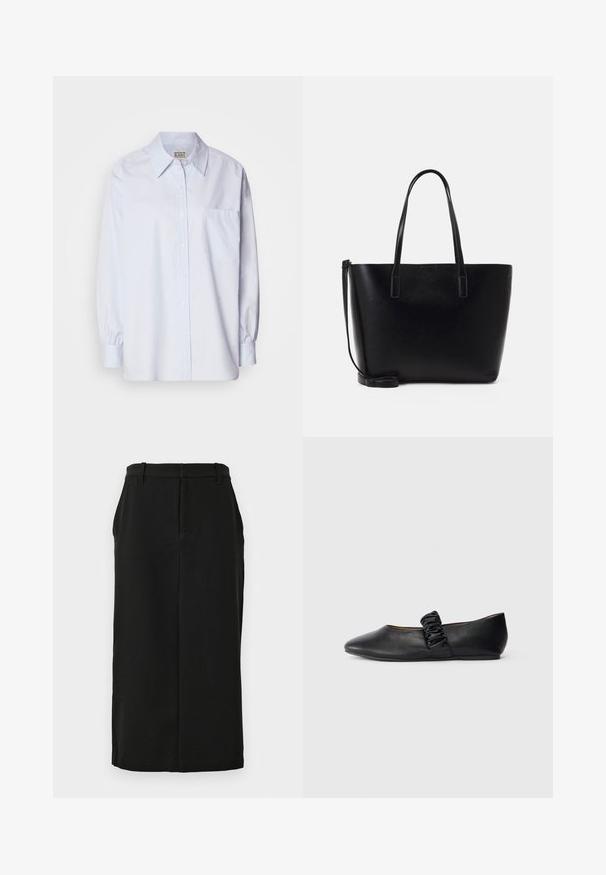 Lichtblauw button-up shirt van katoen. Heeft een puntige kraag, lange mouwen en een enkele borstzak. Zachte textuur.; Zwarte kokerrok, knie lengte, gemaakt van een gladde stof. Met een tailleband met riemlussen en een verborgen zijzak. Op maat gemaakte ontwerp.; Zwarte platte schoen met een geplooide elastische band over de bovenkant en een ronde neus op een plain witte achtergrond.; Zwarte leren tote bag met twee lange handvatten, een gestructureerde vorm, een gladde textuur en een afneembare schouderband. Subtiele merkvermelding.