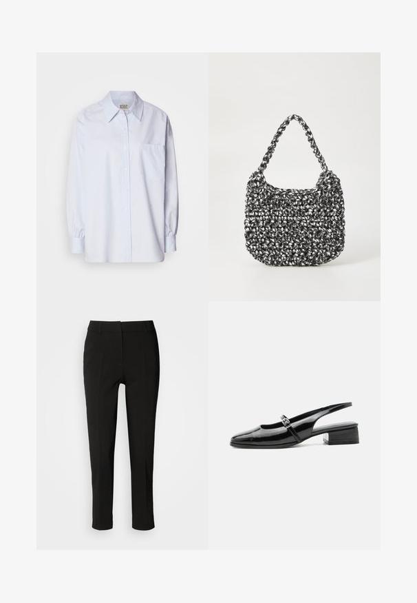 Lichtblauw button-up shirt van katoen. Heeft een puntige kraag, lange mouwen en een enkele borstzak. Zachte textuur.; Zwarte op maat gemaakte broeken met een slim fit, rechte voorkant en geen zichtbare zakken, met een gladde textuur en een nette afwerking aan de zoom.; Zwarte lakleren slingback schoen met een lage blokhak en een dunne band met zilveren gesp bovenop.; Geweven handtas in zwart en wit met een ronde vorm, gestructureerd oppervlak en een gevlochten handvat. Geschikt voor dagelijks gebruik.