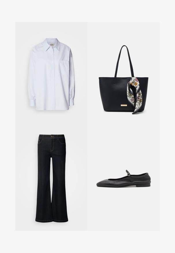 Lichtblauw button-up shirt van katoen. Heeft een puntige kraag, lange mouwen en een enkele borstzak. Zachte textuur.; Mos Mosh MMDARA DELUXE JEANS - Relaxed fit jeans - dark blue; Zwarte leren ballerina's met een ronde neus, smalle vamp en een kleine enkelband met een ronde gesp. Lage, platte zool.; Zwarte leren tote bag met twee schouderriemen, voorzien van een zijden sjaal met bloemenprint die aan de handgreep is geknoopt en een metallic logo-accent aan de voorkant.