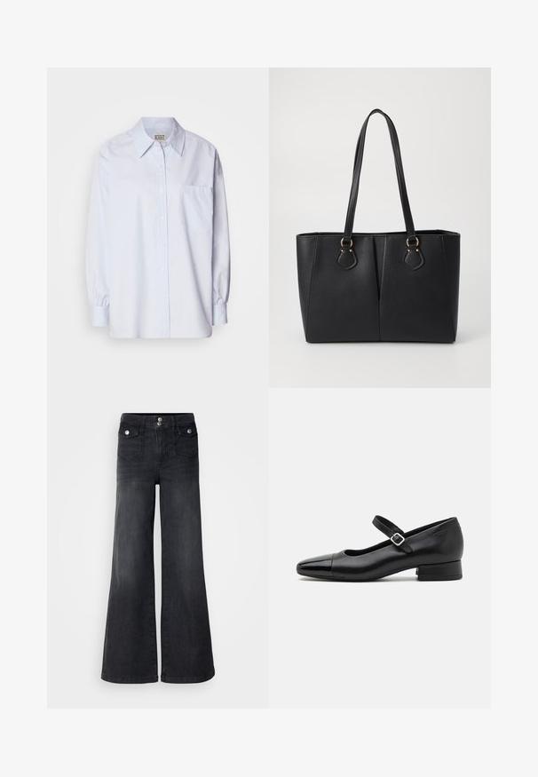 Lichtblauw button-up shirt van katoen. Heeft een puntige kraag, lange mouwen en een enkele borstzak. Zachte textuur.; Zwarte denim wijd uitlopende jeans met een hoge taille, voorste knopen en twee voorzakken; soepele textuur met een lichte vervaging.; Zwarte leren Mary Jane schoenen met een gepatenteerde neus, verstelbare enkelband en lage blokhak. Een gladde textuur en een elegante uitstraling.; Zwarte neplederen tote bag met een gestructureerde afwerking, twee lange handvatten en goudkleurige hardware-accenten aan de zijkant. Rechthoekige vorm.