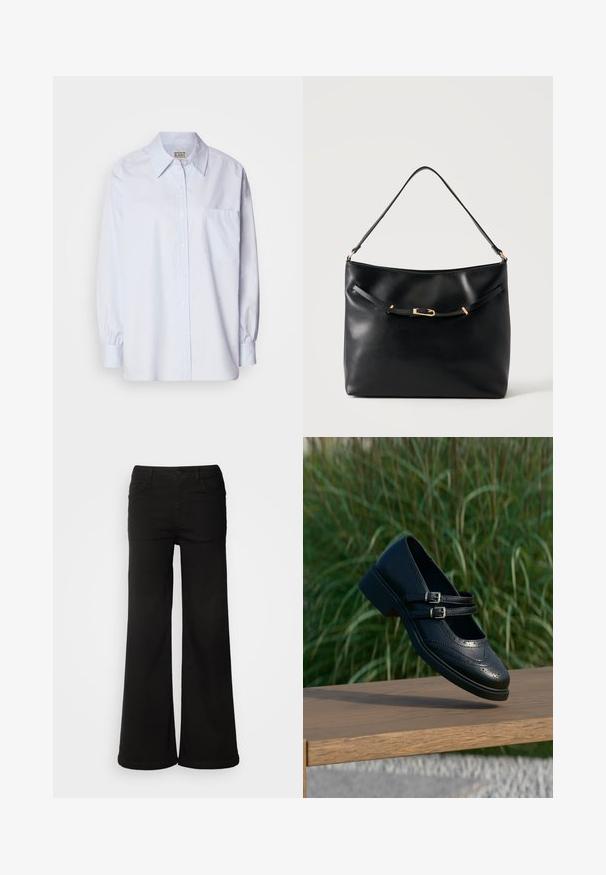 Lichtblauw button-up shirt van katoen. Heeft een puntige kraag, lange mouwen en een enkele borstzak. Zachte textuur.; Zwarte wijde denim broek met voorzakken, een knoopsluiting en een gladde textuur met een nette afwerking.; Zwarte leren Mary Jane-schoen met dubbele gespsluitingen en brogue-details, zwevend boven een houten bankje met groene grasachtergrond.; Zwarte leren schoudertas met een enkele band en een klein gouden gespsdetail aan de voorkant tegen een effen lichte achtergrond.