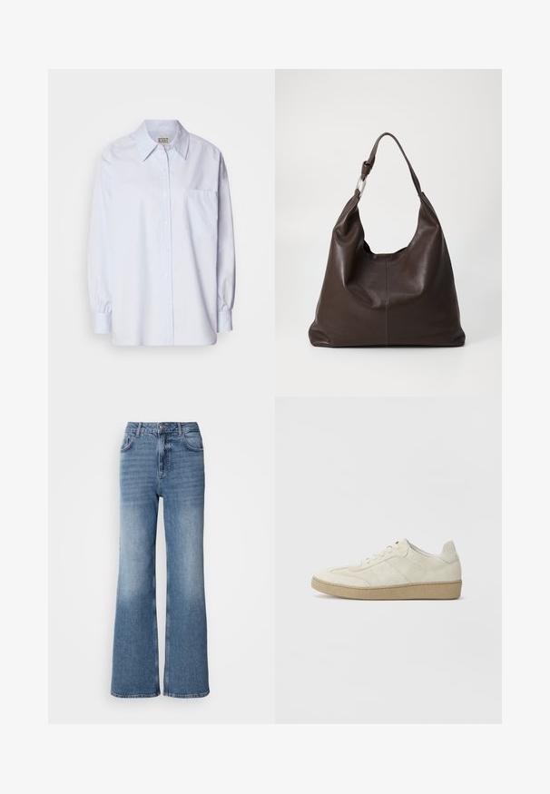 Camisa de botones azul claro hecha de algodón. Presenta un collar en punta, mangas largas y un bolsillo en el pecho. Textura suave.; Mos Mosh MAI - Vaqueros rectos - blue wash; Zapatillas de ante beige con un diseño texturizado, suela plana de goma y costuras laterales distintivas. Punta redonda y detalle de cuello acolchado.; Zign LEATHER - Bolso shopping - chocolate brown