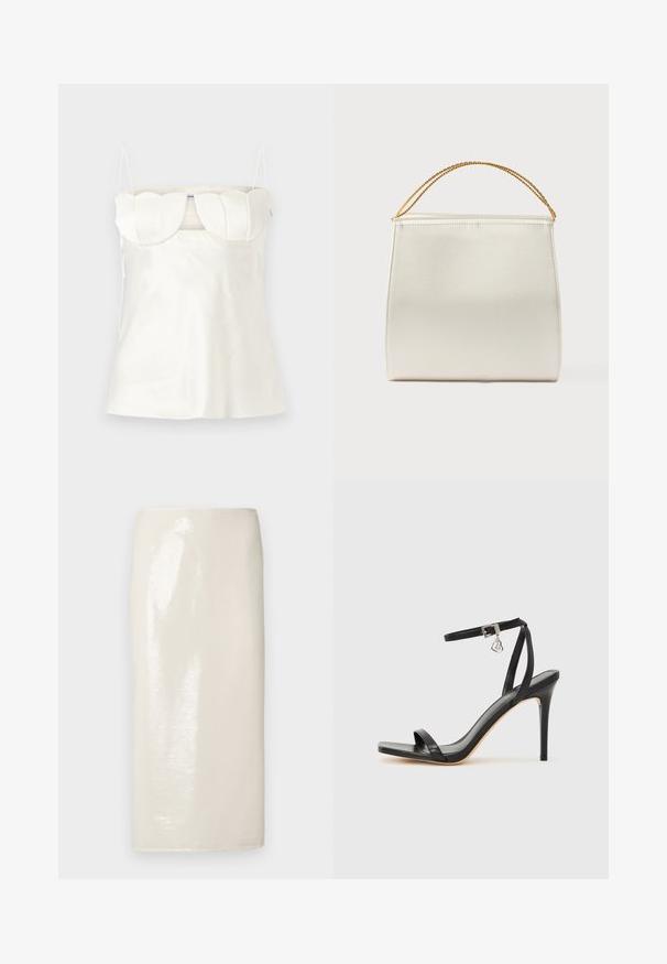 Hvid satin camisole med justerbare stropper, en struktureret, scalloped buste og en lige kant. Glat tekstur og minimalistisk design.; Blank, cremegul blyantskørt med en glat tekstur og en tætsiddende silhuet, der har en knælængde design og ingen synlige lukninger.; Sort hæl-sandal med smal ankrem, firkantet tå-boks, glat lædermateriale og metalspænde som pynt.; Struktureret taske i satinfinish, cremefarvet, med en kæde til skulderrem. Har en flad, glat tekstur og rene syninger.