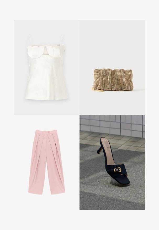 Witte satijnen camisole met verstelbare bandjes, een gestructureerde, gegolfde buste en een rechte zoom. Gladde textuur en minimalistisch ontwerp.; Wijd-uitlopende roze broek met plooien aan de voorkant, riemlussen en een hoge taille, plat weergegeven op een witte achtergrond.; Zwarte muil met hoge hak en een gouden gespsluiting, met het merk "RAID", geplaatst op een gestructureerd asfaltoppervlak nabij betegeld trottoir.; Kleine gouden mesh clutch met een geplooid ontwerp en een deels zichtbare gouden kettingriem op een effen witte achtergrond.