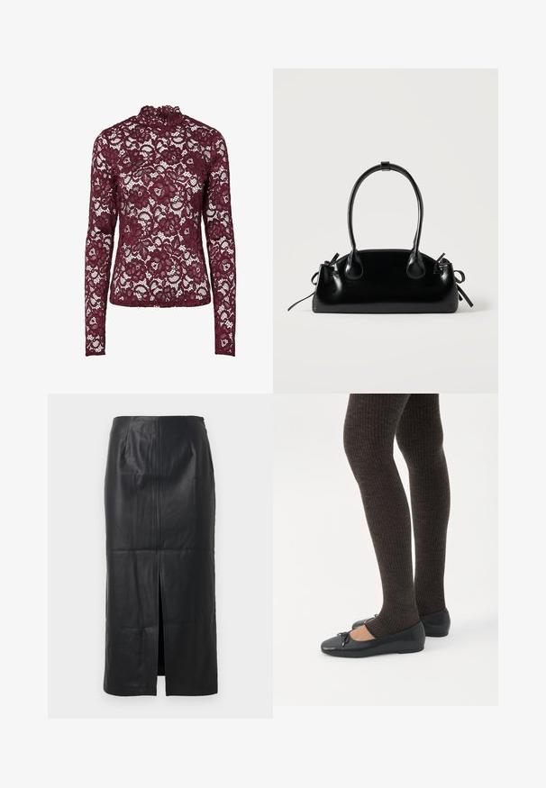 Haut en dentelle bordeaux à manches longues avec motif floral et col montant, tissu semi-transparent et silhouette cintrée.; Jupe midi en cuir noir avec une fente à l'avant, texture lisse, design ajusté et détails de couture subtils sur le devant.; Jambes portant des leggings côtelés foncés associés à des ballerines noires avec de petits détails en nœud sur fond blanc.; Petit sac à main noir brillant avec deux longues anses et des détails à cordon sur les côtés sur un fond clair uni.