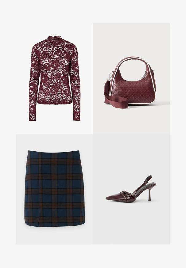 Haut en dentelle bordeaux à manches longues avec motif floral et col montant, tissu semi-transparent et silhouette cintrée.; Jupe mini en tartan bleu marine avec des lignes marron et grises, fabriquée dans un tissu lisse, avec une fente discrète au dos pour plus de liberté de mouvement.; Escarpin slingback en cuir verni bordeaux avec bout pointu, fine bride à la cheville et petit détail décoratif de boucle. Texture lisse et talon haut.; Sac à main en cuir tressé marron foncé avec poignée courbée, garniture blanche, fermeture éclair argentée et bandoulière large en tissu amovible sur fond uni.