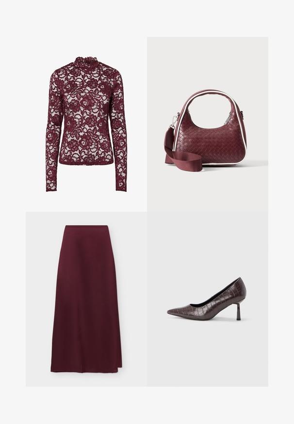 Haut en dentelle bordeaux à manches longues avec motif floral et col montant, tissu semi-transparent et silhouette cintrée.; Jupe midi trapèze bordeaux avec une texture lisse, satinée et une taille haute, présentée sur un fond blanc.; Escarpins à bout pointu en similicuir marron avec une texture crocodile, dotés d’un talon fin et angulaire ainsi que d’une doublure intérieure lisse.; Sac à main en cuir tressé marron foncé avec poignée courbée, garniture blanche, fermeture éclair argentée et bandoulière large en tissu amovible sur fond uni.