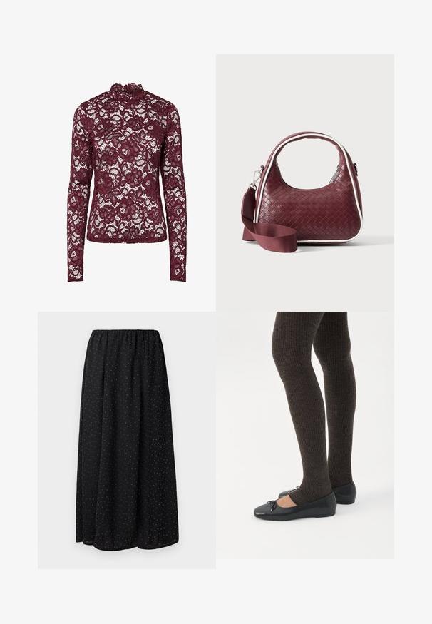 Haut en dentelle bordeaux à manches longues avec motif floral et col montant, tissu semi-transparent et silhouette cintrée.; Jupe noire en tissu léger avec une taille froncée. Elle présente un motif de petits pois blancs sur l'ensemble du tissu.; Jambes portant des leggings côtelés foncés associés à des ballerines noires avec de petits détails en nœud sur fond blanc.; Sac à main en cuir tressé marron foncé avec poignée courbée, garniture blanche, fermeture éclair argentée et bandoulière large en tissu amovible sur fond uni.
