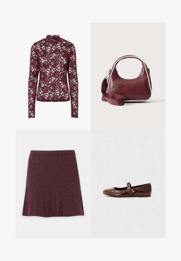 Haut en dentelle bordeaux à manches longues avec motif floral et col montant, tissu semi-transparent et silhouette cintrée.; Jupe bordeaux tricotée avec motif torsadé, taille cintrée et légère évasée, présentée à plat sur un fond clair.; Ballerine en cuir verni marron avec un bout carré et une lanière ornée d'une petite boucle dorée. Texture lisse, talon bas et design minimaliste.; Sac à main en cuir tressé marron foncé avec poignée courbée, garniture blanche, fermeture éclair argentée et bandoulière large en tissu amovible sur fond uni.