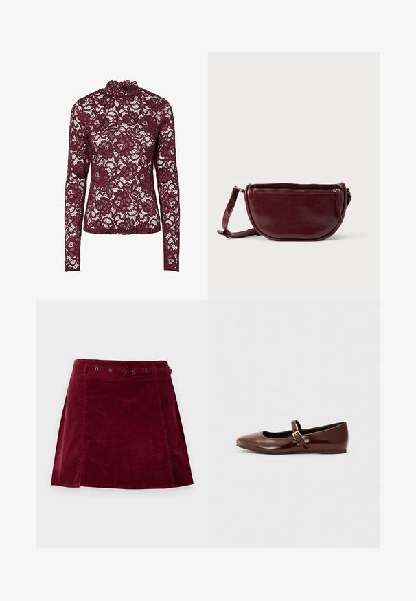 Haut en dentelle bordeaux à manches longues avec motif floral et col montant, tissu semi-transparent et silhouette cintrée.; Jupe en velours côtelé rouge foncé avec une ceinture assortie et des œillets métalliques, présentant une légère forme trapèze et un détail sur le panneau avant.; Ballerine en cuir verni marron avec un bout carré et une lanière ornée d'une petite boucle dorée. Texture lisse, talon bas et design minimaliste.; Sac à main en cuir marron foncé avec une forme en demi-lune, une fermeture éclair et une bandoulière amovible. Texture lisse avec un léger éclat.