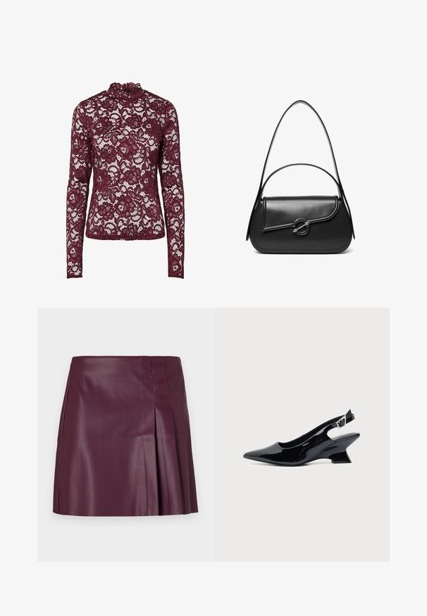 Haut en dentelle bordeaux à manches longues avec motif floral et col montant, tissu semi-transparent et silhouette cintrée.; ONLY ONLARTZY Short - Minijupe - mauve wine; Chaussure slingback en cuir verni noir avec bout pointu et petit talon bloc incliné sur fond clair uni.; Sac à bandoulière en cuir noir avec un rabat incurvé fermé par un fermoir métallique rond et une sangle fine et ajustable.