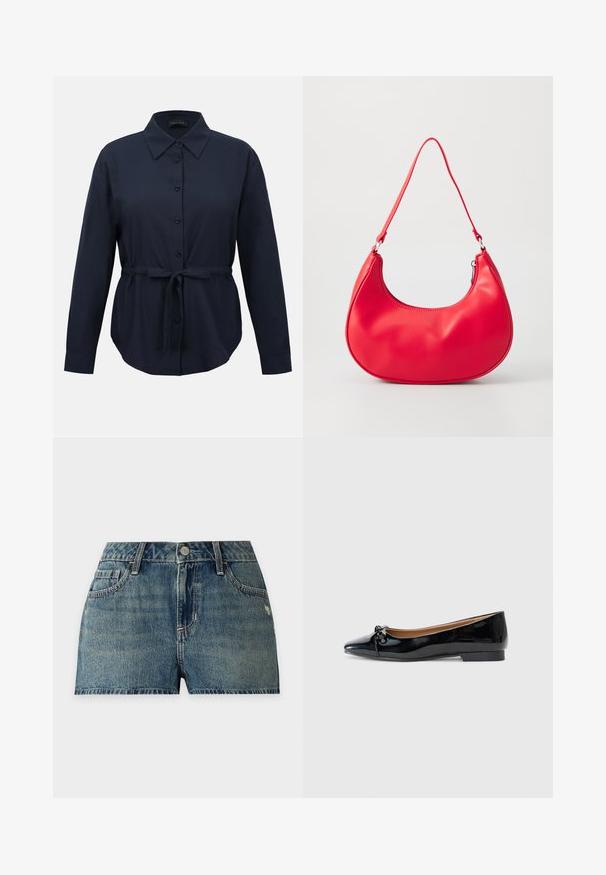 Chemise boutonnée bleu marine à manches longues avec col et ceinture en tissu nouée à la taille, coupe ajustée.; Short en jean bleu avec bouton à l'avant, passants pour ceinture, et poches devant et derrière sur un fond clair uni.; Ballerines en cuir verni noir avec un bout pointu, un petit nœud à l'avant et un petit talon carré. Texture lisse et brillante.; Sac à épaule en simili cuir rouge au design courbé, avec une bandoulière fine et une fermeture éclair. Texture lisse avec des détails de couture visibles.