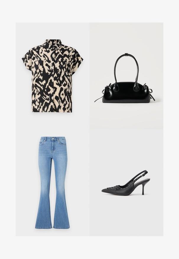 Kurzärmliges, knöpfbares Hemd in einem Leopardenmuster in Schwarz und Creme. Mit einem Kragen und zwei Brusttaschen.; Helle blaue Schlagjeans mit einer glatten Denim-Oberfläche, die vorne mit verstreuten silbernen Nieten verziert sind, sowie einem klassischen Fünf-Taschen-Design.; Schwarzer Leder-Slingback-Stiletto mit spitzem Zehenaufsatz, seitlichem Schnallenriemen, Nieten entlang der Kante und dekorativer Schnürung vorne.; Kleine schwarze glänzende Handtasche mit zwei langen Griffen und seitlichen Kordelzug-Details vor einfachem hellem Hintergrund.