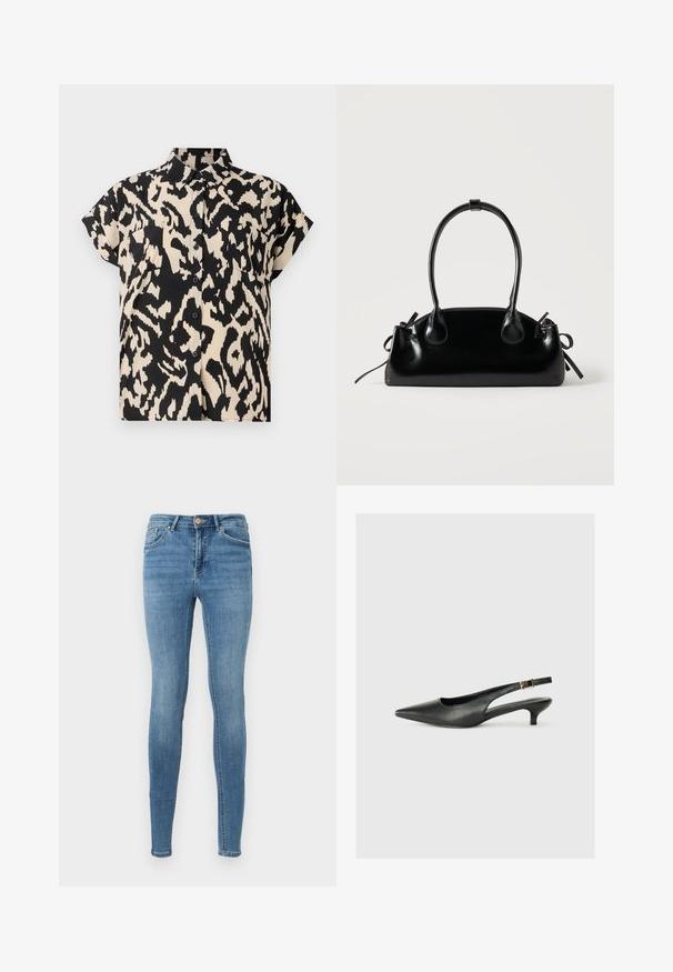 Korteblousje met knopen in een zwart-wit luipaardpatroon. Het heeft een kraag en twee borstzakken.; Blauwe high waist skinny jeans met voorzakken, riemlussen, knoopsluiting en subtiele vervaging op de dijen en knieën.; Zwarte puntschoen met slingback van soepel leer. Kenmerkt zich door een dunne hak en een gespdetail op de verstelbare band.; Kleine zwarte glanzende handtas met twee lange hengsels en zijkant trekkoord details op een effen lichte achtergrond.