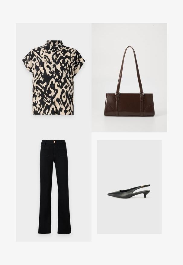 Kurzärmliges, knöpfbares Hemd in einem Leopardenmuster in Schwarz und Creme. Mit einem Kragen und zwei Brusttaschen.; Schwarze hochtaillierte Jeans im Straight-Leg-Schnitt mit aufgesetzten Vordertaschen und einem kupferfarbenen Knopfverschluss auf neutralem Hintergrund.; Schwarzer Slingback-Schuh mit spitzem Zehenbereich aus glattem Leder. Mit einem dünnen Absatz und einer dekorativen Schnalle am verstellbaren Riemen.; Braune Lackleder-Handtasche in rechteckiger Form, mit zwei langen Griffen und subtilen, geschwungenen Akzenten auf der Vorderseite.