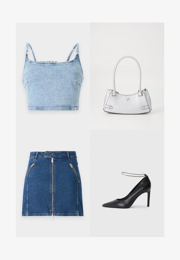 Lichtblauw denim crop top met dunne verstelbare bandjes, voorzien van een ritssluiting aan de voorkant en een soepele textuur, ontworpen voor een strakke pasvorm.; Donkerblauwe jeansrok met twee voorzakken met rits en een centrale ritsafsluiting. Heeft een rechte snit en minimale stikseldetails.; Zwarte leren hoge hak pump met een spitse neus, voorzien van een dunne zilveren ketting enkelband en een strakke, gladde textuur.; Zilveren handtas met een gestructureerd ontwerp, voorzien van twee handvatten, een glanzende textuur, opvallende hardware en een driehoekig logo aan de voorkant.