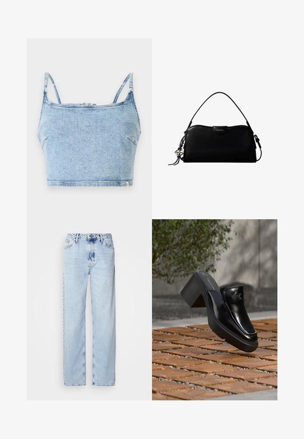 Top corto de mezclilla azul claro con tirantes finos ajustables, cuenta con un cierre de cremallera frontal y una textura suave, diseñado para un ajuste ceñido.; Jeans de pierna ancha en azul claro, confeccionados en denim, con una cintura alta, un lavado desgastado y un sutil patrón de tie-dye en la parte delantera.; Mule tipo slip-on de cuero negro de Calvin Klein con tacón de bloque descansando sobre baldosas de madera al aire libre cerca de una planta verde y una pared gris.; Bolso rectangular negro de Calvin Klein con una única correa superior, dije con el logo plateado y un pequeño cierre de solapa en la parte frontal.