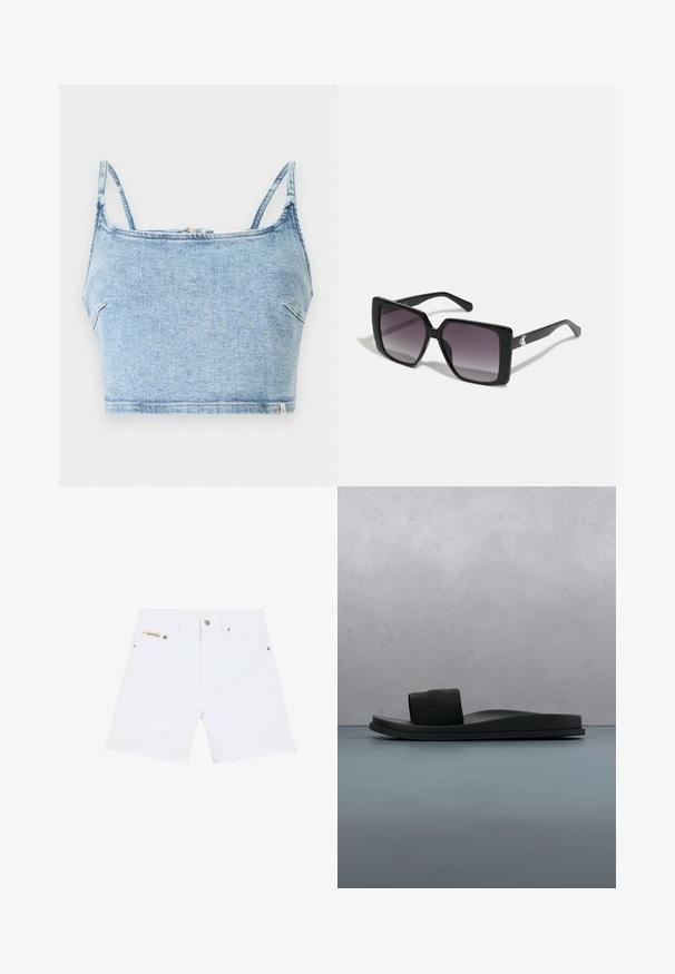 Top corto de mezclilla azul claro con tirantes finos ajustables, cuenta con un cierre de cremallera frontal y una textura suave, diseñado para un ajuste ceñido.; Pantalones cortos de mezclilla blanca con el dobladillo deshilachado, con herrajes plateados y una pequeña etiqueta de Calvin Klein en el bolsillo delantero.; Sandalia tipo slide negra de Calvin Klein con una correa ancha, mostrada sobre un suelo de textura de madera y piedras, con un fondo exterior desenfocado.; Gafas de sol cuadradas negras con lentes degradados grises. Montura brillante con líneas elegantes. Acento de logo plateado en las patillas.