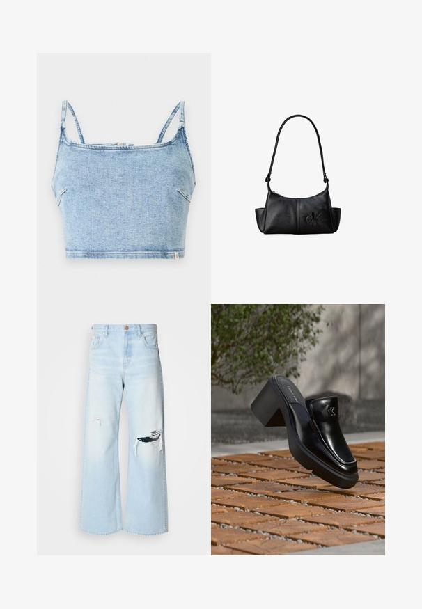 Top corto de mezclilla azul claro con tirantes finos ajustables, cuenta con un cierre de cremallera frontal y una textura suave, diseñado para un ajuste ceñido.; Pantalones vaqueros de pierna ancha en azul claro, confeccionados en denim, con una cintura alta, grandes desgastes en las rodillas y un diseño clásico de cinco bolsillos con herrajes de cobre.; Mule tipo slip-on de cuero negro de Calvin Klein con tacón de bloque descansando sobre baldosas de madera al aire libre cerca de una planta verde y una pared gris.; Bolso de hombro de cuero negro con correa larga, bolsillos laterales y logo de Calvin Klein en relieve en la parte delantera.