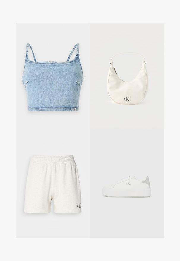Ανοιχτό μπλε τζιν μ crop top με λεπτές ρυθμιζόμενες τιράντες, που διαθέτει μπροστινό φερμουάρ και ομαλή υφή, σχεδιασμένο για εφαρμοσμένο στυλ.; Ανοιχτό γκρι βαμβακερές σορτσάκια με ελαστική μέση, που διαθέτουν λεία υφή και μια μικρή μαύρη λογότυπο στη δεξιά κάτω γωνία.; Λευκά καμβά παπούτσια με παχιά λευκή σόλα, που διαθέτουν μεταλλικό ασημί τόνο στη φτέρνα και διακριτική λεπτομέρεια λογότυπου στο πλάι.; Μικρή λευκή τσάντα σε σχήμα ημισελήνου με κοντό λουράκι, κλείσιμο με φερμουάρ και μαύρο λογότυπο "cK" μπροστά.