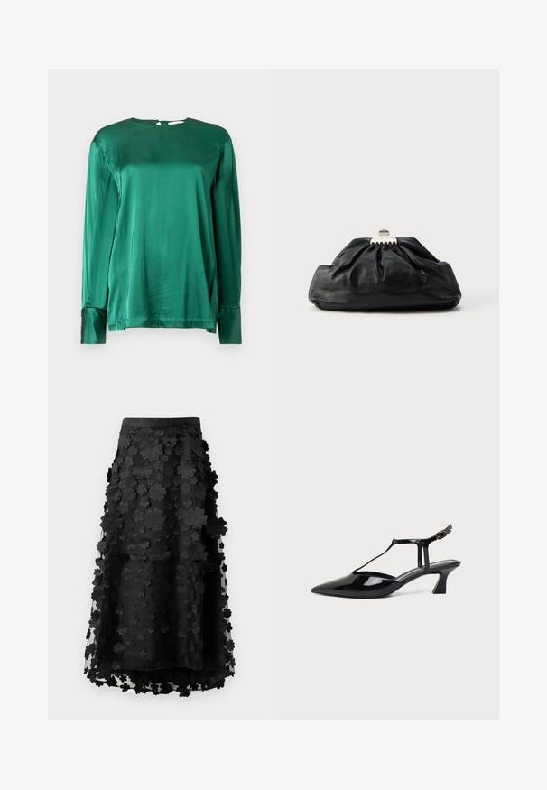 Haut vert satin à manches longues avec un col rond et des accents de boutons aux poignets, présentant une texture lisse et une silhouette drapée.; Jupe midi noire en tissu transparent avec des appliqués floraux superposés. Présente une taille lisse et une silhouette fluide. Sans fermetures visibles.; Chaussure slingback en cuir verni noir à bout pointu avec bride en T et petit talon bloc incliné sur fond blanc.; Pochette en cuir noir avec une texture plissée, fermeture à fermoir métallique, et logo embossé discret sur le devant. Forme arrondie.