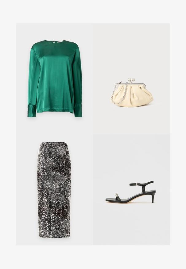 Haut vert satin à manches longues avec un col rond et des accents de boutons aux poignets, présentant une texture lisse et une silhouette drapée.; Jupe crayon à sequins avec un design élégant et ajusté. Présente des sequins noirs et argentés qui créent un effet scintillant.; Sandale noire en cuir à talon avec bride à la cheville, bout ouvert, devant carré et accent en métal argenté. Design ajusté avec un profil élégant.; Pochette en cuir beige plissé avec un cadre en métal argenté, dotée de deux fermoirs ronds décoratifs et d'une chaîne en argent.