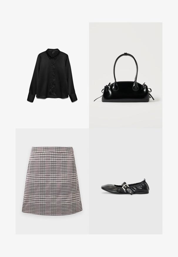 Zwarte lange mouwen shirt van soepel materiaal, met een knoopsluiting aan de voorkant, klassieke kraag en een subtiele glans. Getailleerde pasvorm met omgeslagen mouwen.; Geruite mini-jurk in tinten paars, zwart en wit, met een elastische tailleband en een rechtmodel ontwerp met een gladde textuur.; Zwarte leren platte schoen met een spitse neus, geplooide details rond de opening en een zilveren gespaccentueerde verstelbare band.; Kleine zwarte glanzende handtas met twee lange hengsels en zijkant trekkoord details op een effen lichte achtergrond.