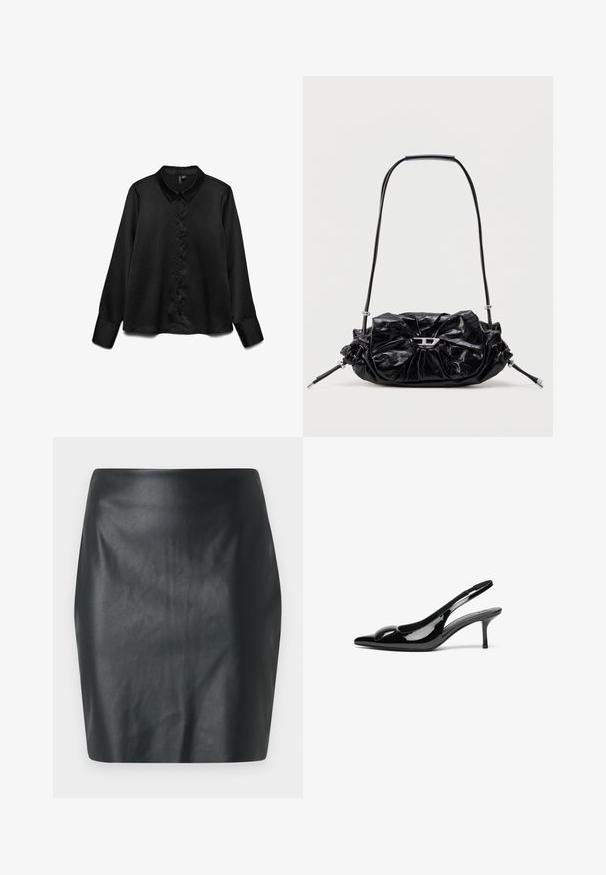 Sort langærmet skjorte lavet af glat stof, med knaplukning foran, klassisk krave og subtil glans. Skræddersyet pasform med manchetter.; Sort faux læder mini skirt med en glat tekstur, slim fit og lige pasform. Ingen synlig hardware eller udsmykninger.; Sorte laklæder slingback hæle med spidse tæer og en blank finish. Har en slank hæl og en rund detalje ved vampen.; Sort læderhåndtaske med et opsamlet design og sløjfedetalje foran. Har en kort hank og sølvfarvede hardware-accenter.