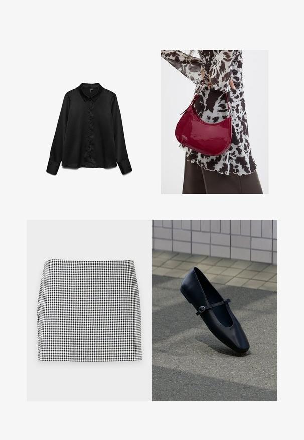 Zwarte lange mouwen shirt van soepel materiaal, met een knoopsluiting aan de voorkant, klassieke kraag en een subtiele glans. Getailleerde pasvorm met omgeslagen mouwen.; Zwart-wit geruit, geblokt, minirok met een rechte zoom tegen een effen lichte achtergrond.; Zwarte leren Mary Jane platte schoen met een klein gespje, geplaatst op een grijs asfaltoppervlak nabij een betegelde muur.; Vrouw met een zwart-wit gebloemde blouse houdt een glanzende rode schoudertas vast tegen een effen achtergrond.