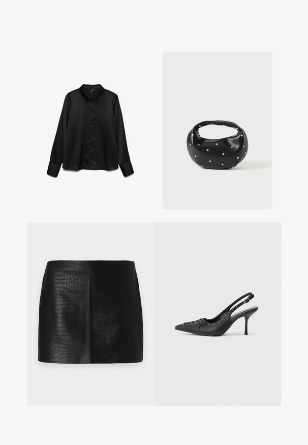 Zwarte lange mouwen shirt van soepel materiaal, met een knoopsluiting aan de voorkant, klassieke kraag en een subtiele glans. Getailleerde pasvorm met omgeslagen mouwen.; Zwarte neplederen mini-rok met een tekstuur van krokodillenpatroon, met een gladde afwerking en een getailleerde vorm zonder zichtbare hardware.; Zwarte leren slingback stiletto met spitse neus, zijgesp met gesp, studs langs de rand en decoratieve veters aan de voorkant.; Zwarte leren handtas met een afgeronde vorm, versierd met zilveren studs, en een korte handgreep. Gladde textuur en ritsluiting.