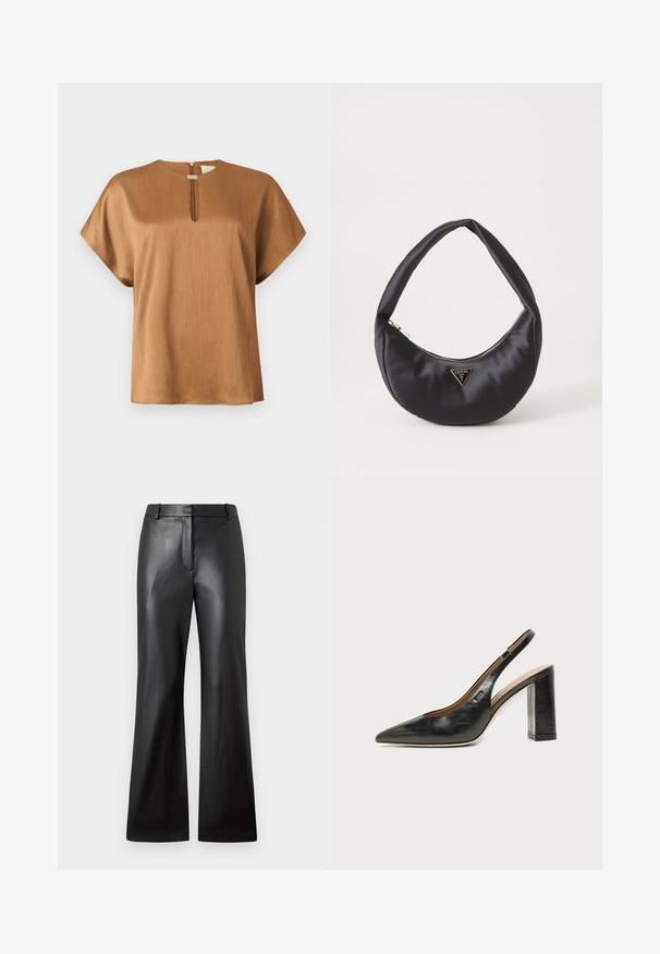 Blouse marron à manches courtes avec une texture verticale subtile et un petit décolleté en forme de goutte avec un fermoir métallique.; Pantalons en cuir noir avec une texture lisse, design à jambes larges et une taille mi-haute dotée de passants de ceinture et de poches avant.; Chaussure slingback en cuir noir à bout pointu avec un talon bloc haut et une doublure intérieure beige sur un fond clair uni.; Sac à main en satin noir avec une forme courbée, doté d'une fermeture à glissière et d'un logo triangulaire en métal à l'avant. Texture lisse et design épuré.