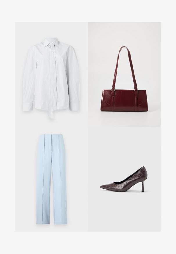 Wit, lang mouwshirt met een klassieke kraag en een verlengde voorknoop. Gemaakt van een gladde stof, met een ontspannen pasvorm en zonder patronen.; Lichtblauwe high-waist wijde broek met plooien aan de voorkant en een verborgen gulp sluiting op een effen achtergrond.; Bruine nepleren pumps met een puntige neus en krokodillenstructuur, voorzien van een slanke, hoekige hak en een gladde binnenvoering.; Bourgondische handtas van glanzend materiaal, rechthoekige vorm, met twee schouderbanden en subtiele gebogen accenten aan de voorkant.