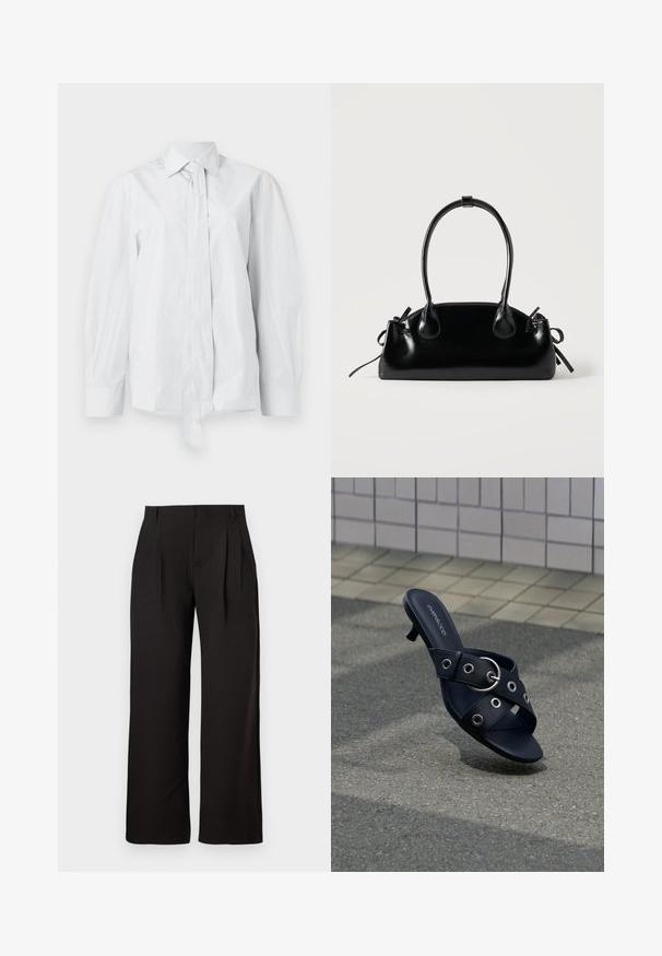 Camisa blanca de manga larga con un cuello clásico y un lazo alargado en la parte delantera. Hecha de una tela suave, presenta un corte relajado y sin estampados.; Pantalones negros de talle alto y pierna recta con pliegues delanteros y trabillas para cinturón, exhibidos sobre un fondo blanco liso.; Sandalia negra de tacón con tiras cruzadas que presentan ojales plateados y una hebilla redonda, situada sobre un pavimento texturizado junto a una pared con azulejos.; Pequeño bolso negro brillante con dos asas largas y detalles de cordón lateral sobre un fondo claro liso.