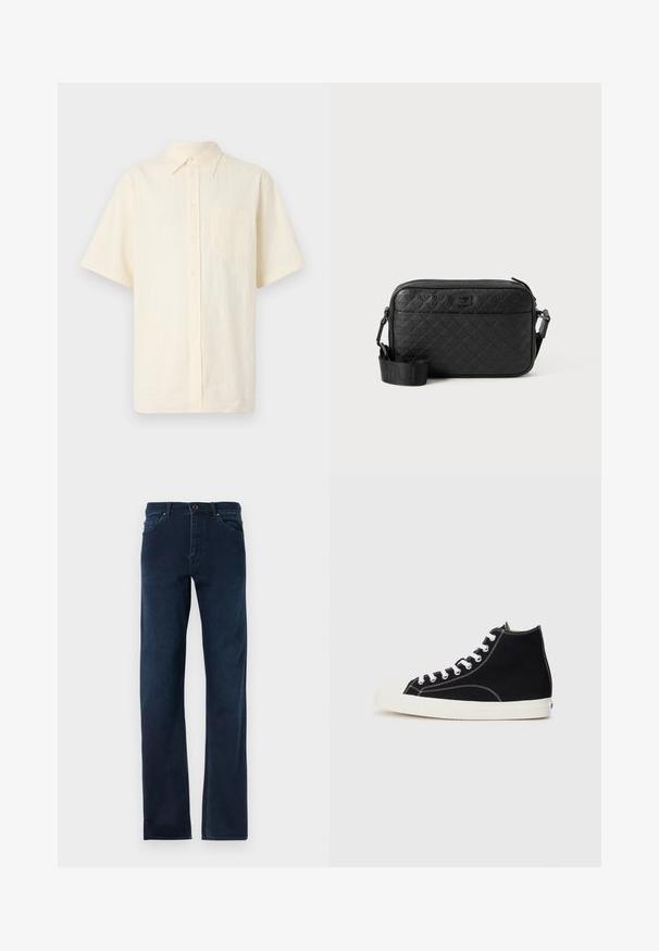 Chemise à manches courtes boutonnée en crème pâle, fabriquée à partir d'un tissu texturé, avec une poche poitrine et un col classique.; Jean en denim bleu foncé avec des jambes droites, cinq poches, une fermeture à bouton et des coutures contrastées le long des coutures.; Baskets montantes en toile noires avec des lacets blancs, dotées d'un capuchon en caoutchouc et de surpiqûres blanches contrastantes.; Sac bandoulière noir texturé avec motif géométrique en relief et bandoulière réglable avec logo de la marque.