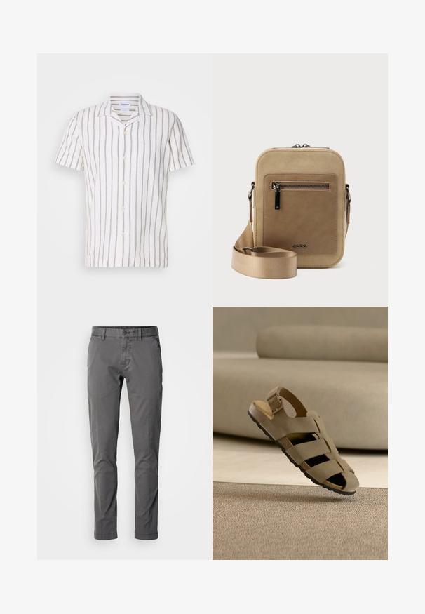 Camisa de lino de manga corta con rayas verticales en gris claro sobre un fondo blanco, con un cuello clásico y cierre frontal de botones.; Pantalones de algodón gris de corte slim con cierre de botón, bolsillos laterales y una textura suave. Presentan un diseño clásico y una silueta ajustada.; Sandalia beige con correa ajustable con hebilla y suela negra, situada sobre una alfombra texturizada en una habitación de tonos neutros.; Bolso pequeño beige tipo bandolera con bolsillo frontal con cremallera, logo metálico de ALDO, correa ancha ajustable y forma rectangular redondeada sobre fondo blanco.