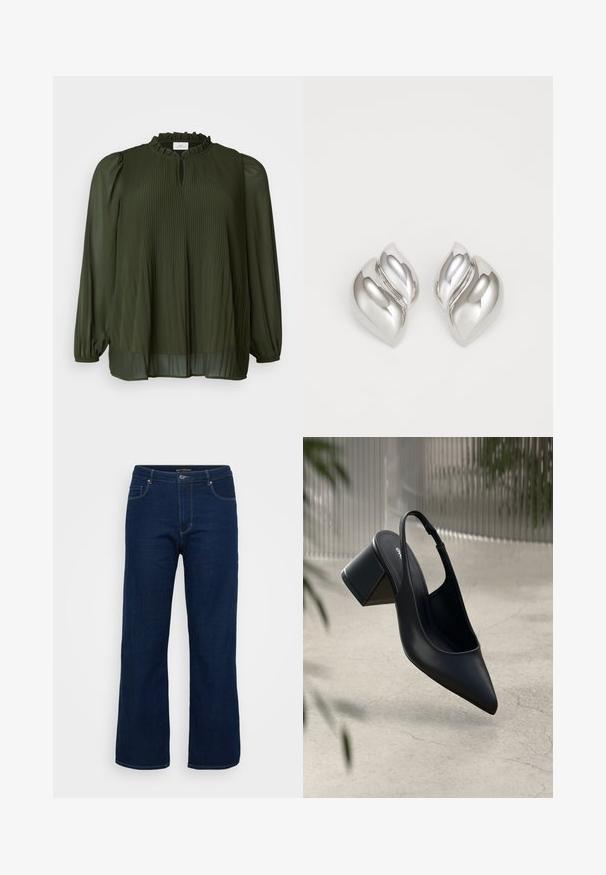 ONLY Carmakoma CARPIONA - Tuniek - rosin; Donkerblauwe denim jeans met een rechte snit, voorzien van een ritsgulp, vijf zakken en zichtbare stikseldetails.; Zwarte leren slingback hak met een spitse neus en een blokhak. Glad oppervlak, minimalistisch ontwerp en verstelbare enkelband.; Zilveren oorbellen met een organische, abstracte vorm. Gladde, glanzende oppervlakte met een taps toelopend ontwerp. Beschikken over subtiele rondingen en een centrale lijn detail.