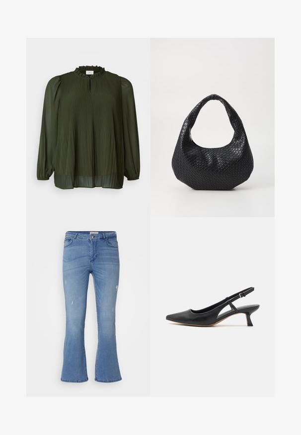 ONLY Carmakoma CARPIONA - Tunikaer - rosin; Lyseblå, udsvingende jeans med en falmet finish. Har mindre slidte områder, fem-lomme design og en knaplukning. Lavet af bomuldsmateriale.; Sort læder slingback-sko med spidse tæer, lav blokhæle, udskårne sidedele og justerbar ankelrem. Glat tekstur hele vejen igennem.; Sort flettet håndtaske med et buet håndtag, der har en struktureret overflade og en afslappet form. Glat finish med en organisk silhuet.