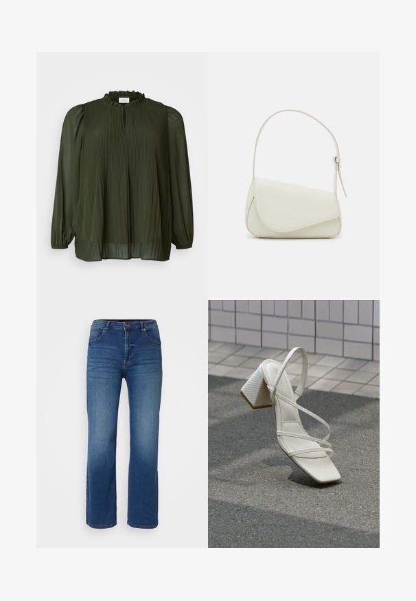 ONLY Carmakoma CARPIONA - Tuniek - rosin; Donkerblauwe denim jeans met een recht model, vijf zakken en een knoop- en ritssluiting. Gladde textuur met minimale vervaging.; Witte sandaal met blokhak, gekruiste bandjes, gestructureerd bovenwerk en een puntige neus. Zachte binnenvoering en een gladde buitenzool.; Witte nepleren handtas met een gestructureerde driehoekige vorm, een enkele verstelbare schouderriem en een klep met ronde accenten.