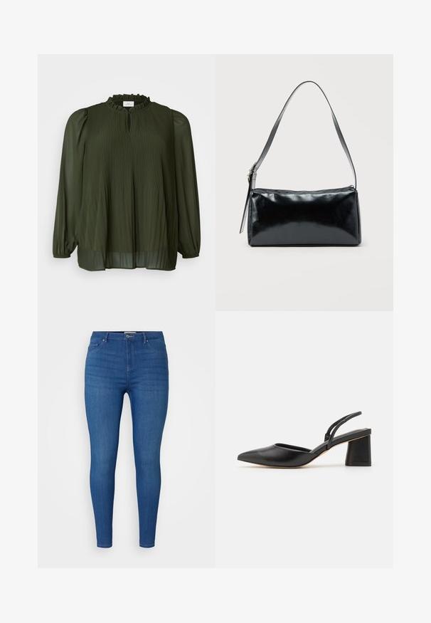 ONLY Carmakoma CARPIONA - Tuniek - rosin; Blauwe denim skinny jeans met een gemiddelde taille, vijf-pocket ontwerp en subtiele vervaging. Klassieke stiksels en metalen knoopdetails.; Zwarte leren slingback schoen met een spits toelopende neus, lage blokhak en minimalistisch ontwerp met dunne bandjes en gladde textuur.; Zwarte rechthoekige schoudertas met een enkele verstelbare band en een bovenste ritssluiting op een effen achtergrond.
