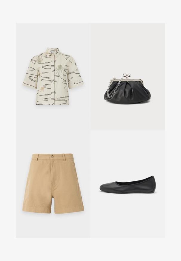 Chemise à manches courtes en coton crème présentant des motifs de lignes noires et des accents abstraits verts et beiges. Fermeture à boutons sur le devant avec un col.; Shorts beige en coton, avec un design classique, fermeture à bouton à l'avant et passants de ceinture. Texture lisse avec poches latérales.; Ballerines en cuir noir avec un bout rond, texture lisse, détails de couture minimalistes et design de semelle flexible.; Porte-monnaie en cuir noir avec texture froncée, cadre en métal argenté, fermeture à verrouillage kiss-lock et bandoulière en chaîne. Surface lisse et douce.
