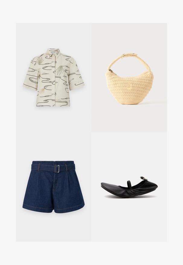 Chemise à manches courtes en coton crème présentant des motifs de lignes noires et des accents abstraits verts et beiges. Fermeture à boutons sur le devant avec un col.; Shorts en denim bleu foncé avec un large design plissé, une ceinture avec une boucle en métal et des détails de couture orange visibles.; Ballerine plate en cuir noir plié avec une seule bride et une boucle argentée sur un fond clair uni.; Sac à main beige tissé avec corps arrondi, fermeture éclair et une sangle courte et épaisse dans un style crochet simple et texturé.