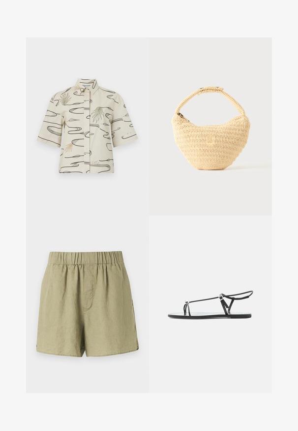 Chemise à manches courtes en coton crème présentant des motifs de lignes noires et des accents abstraits verts et beiges. Fermeture à boutons sur le devant avec un col.; Shorts en lin vert clair avec une taille élastique, des poches latérales et une coupe décontractée. Dotés d'un tissu lisse, légèrement texturé.; Sandale plate noire avec fines lanières, une boucle pour les orteils et une boucle de cheville ajustable sur un fond gris clair.; Sac à main beige tissé avec corps arrondi, fermeture éclair et une sangle courte et épaisse dans un style crochet simple et texturé.
