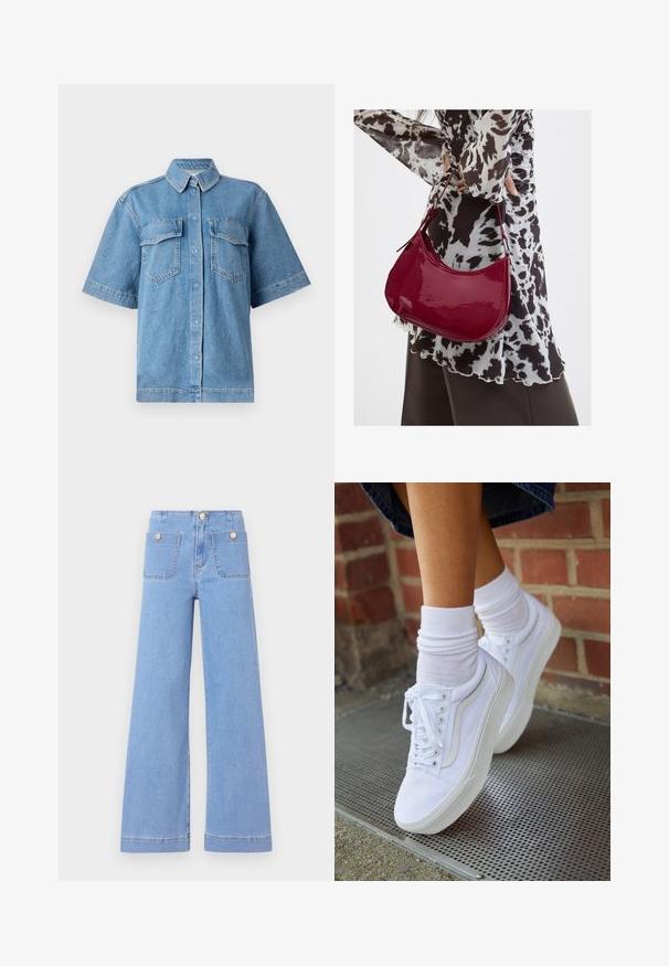 Blaue Denim-Hemd mit kurzen Ärmeln, einem Kragen, zwei Brusttaschen und Knopfverschluss. Bietet eine entspannte Passform und eine ausgewaschene Textur.; Helleblaue weite Jeans mit hoher Taille, zwei Gesäßtaschen und goldfarbenen Knöpfen. Aus Denim mit glatter Textur und sauberem Finish gefertigt.; Weiße Leinensneaker mit Gummisohlen, ausgestattet mit sechs Ösen, runder Zehenpartie und dezenten Nähten, kombiniert mit weißen Knöchelsocken.; Frau trägt eine schwarz-weiß gemusterte Bluse und hält eine glänzende rote Schultertasche vor einem einfarbigen Hintergrund.