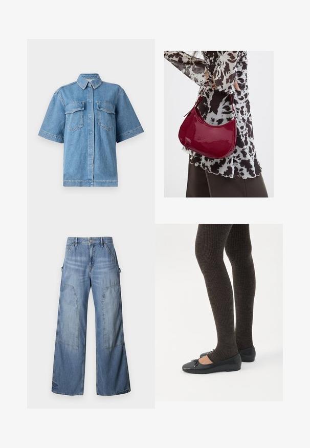 Sininen farkkupaita lyhythihaisella kauluksella, jossa on kaksi rintataskua ja nappisuljenta. Ominaisuutena rento malli ja haalistunut pinta.; Good American GOOD EASE RELAXED - Relaxed fit -farkut - indigo; Jalat, joissa tummat ribbineuleiset leggingsit yhdistettynä mustiin balettitossuihin, joissa on pienet rusettikoristeet valkoisella taustalla.; Nainen, jolla on mustavalkoinen kuviollinen pusero, pitää kiiltävää punaista olkalaukkua yksiväristä taustaa vasten.