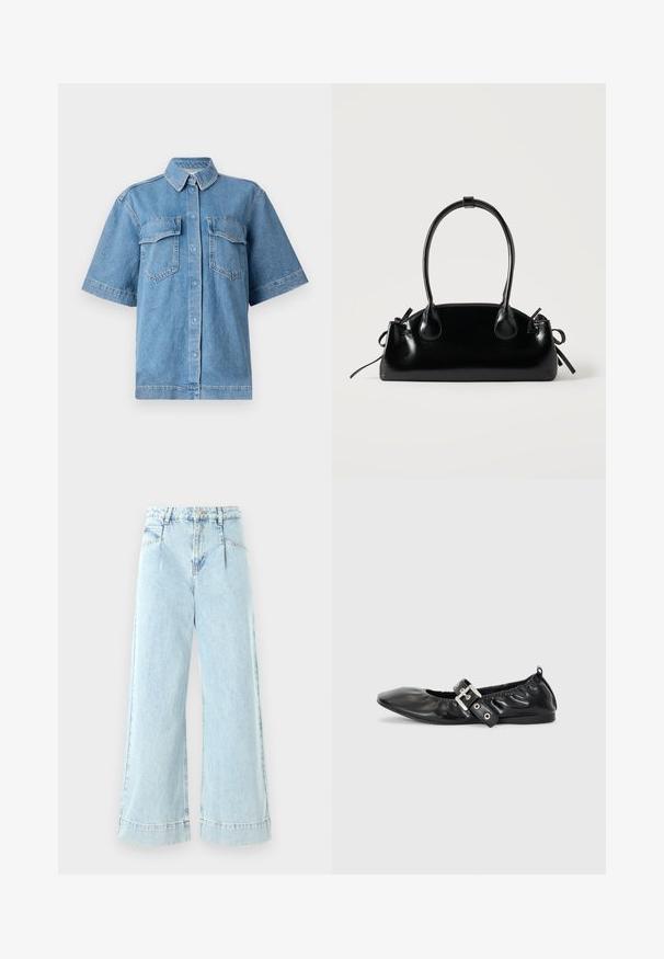 Blå denim kortærmet skjorte med krave, to brystlommer og knaplukning. Har en afslappet pasform og en falmet tekstur.; Lyseblå vidbenede jeans lavet af denim, med høj talje, forlommer og syede detaljer ved kanten.; Sorte læder flade sko med spids tå, samling detaljer omkring åbningen, og en sølv spænde accent på den justerbare rem.; Lille sort blank håndtaske med to lange håndtag og snøre-detaljer i siden på en ensfarvet lys baggrund.