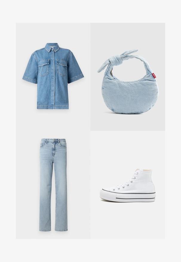 Blå denim kortærmet skjorte med krave, to brystlommer og knaplukning. Har en afslappet pasform og en falmet tekstur.; Lyseblå denimjeans med lige ben, klassisk fem-lomme design og knap- og lynlåslukning i taljen.; Hvide høj-top sneakers lavet af kanvasmateriale, sort gummisål og kontrasterende sort stribe på mellemsålen. Rund tåhætte og snørebåndsdesign.; Lyseblå denim skuldertaske med knudedetalje på håndtaget og en lille rød Levi's-mærkat på siden.