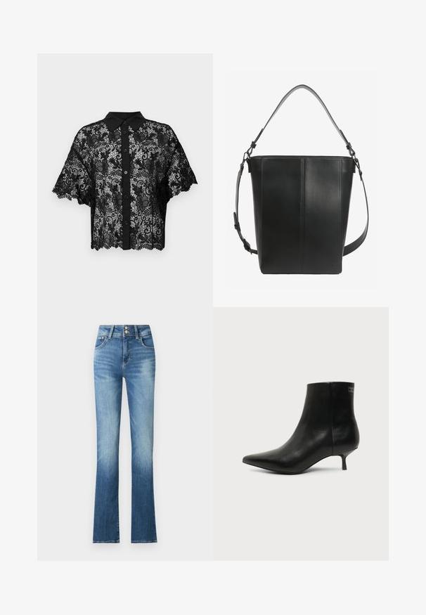 Chemise noire en dentelle à boutons, à manches courtes évasées et col noir uni. Motif floral sur toute la surface avec un ourlet festonné.; Jeans évasés en denim bleu avec une taille haute, présentant une légère décoloration, deux boutons et des poches latérales. Le tissu a une texture lisse.; Bottine en cuir noir avec bout pointu et petit talon kitten sur fond clair, vue côté extérieur.; Sac seau en cuir noir avec deux bretelles réglables et des détails de couture minimalistes sur un fond uni.