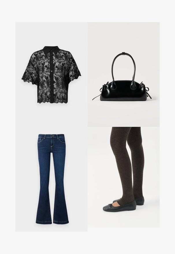 Chemise noire en dentelle à boutons, à manches courtes évasées et col noir uni. Motif floral sur toute la surface avec un ourlet festonné.; Jean évasé bleu foncé en denim, doté de poches avant et de coutures jaunes le long des coutures. Taille standard et fermeture éclair.; Jambes portant des leggings côtelés foncés associés à des ballerines noires avec de petits détails en nœud sur fond blanc.; Petit sac à main noir brillant avec deux longues anses et des détails à cordon sur les côtés sur un fond clair uni.