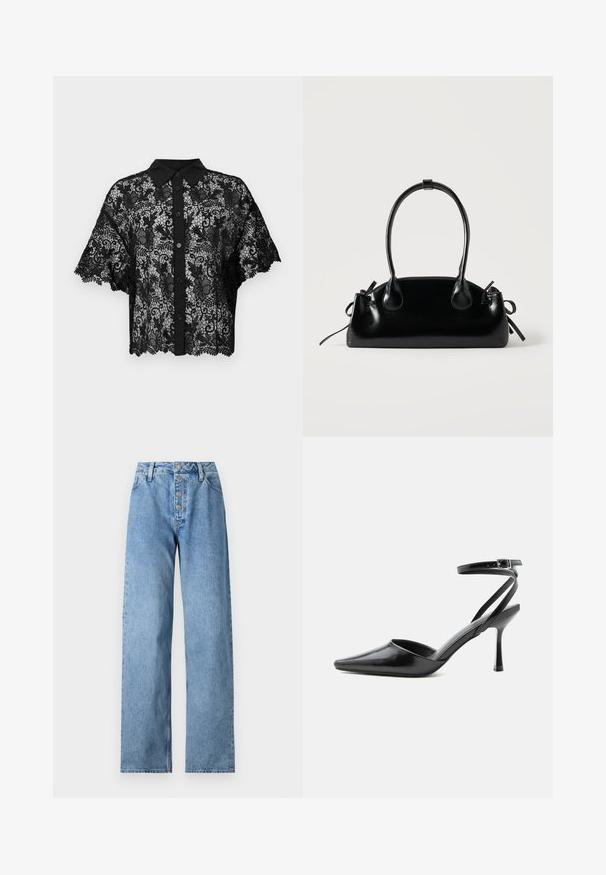 Chemise noire en dentelle à boutons, à manches courtes évasées et col noir uni. Motif floral sur toute la surface avec un ourlet festonné.; Jean en denim bleu clair avec une taille haute, une coupe large, une fermeture à cinq boutons et des passants de ceinture. Le tissu a une texture lisse avec un minimum de décoloration.; Escarpin noir à bout pointu avec fines brides de cheville et fermeture à boucle argentée sur fond clair uni.; Petit sac à main noir brillant avec deux longues anses et des détails à cordon sur les côtés sur un fond clair uni.
