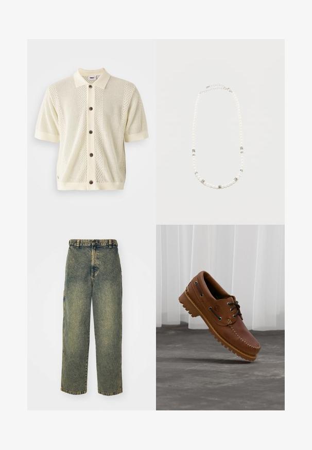 Gilet en tricot à manches courtes de couleur jaune pâle avec un col uni contrasté, cinq boutons marron et des motifs texturés sur le devant.; Jeans en denim ample avec un délavage bleu et vert. Comprend une fermeture à bouton, des passants de ceinture et des poches latérales. Pas de pli à l'avant et design à jambe droite.; Chaussure de bateau en cuir marron avec des lacets noirs, des coutures beiges et une semelle robuste, suspendue au-dessus d'un sol en béton gris.; Collier de perles blanches avec des intercalaires en strass argentés et un fermoir chaîne en argent, présenté sur un fond clair uni.